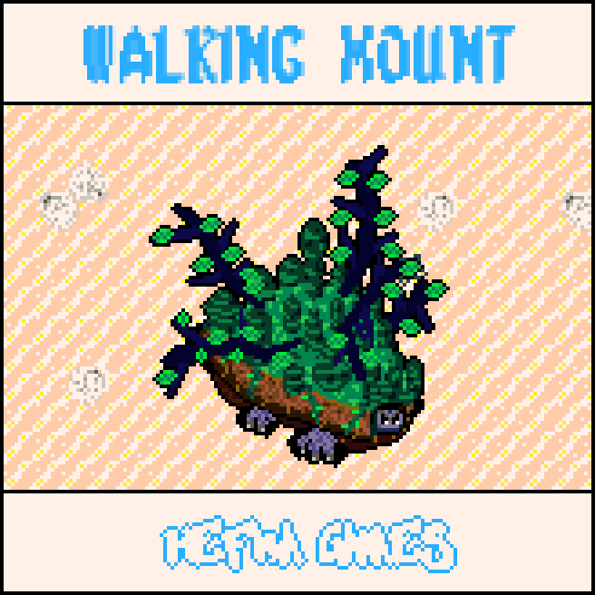 Un monstre sur une plage. Il ressemble à une grande tortue verte avec plein d'arbres sur son dos, le tout en pixel art. En haut de l'image, il est écrit 